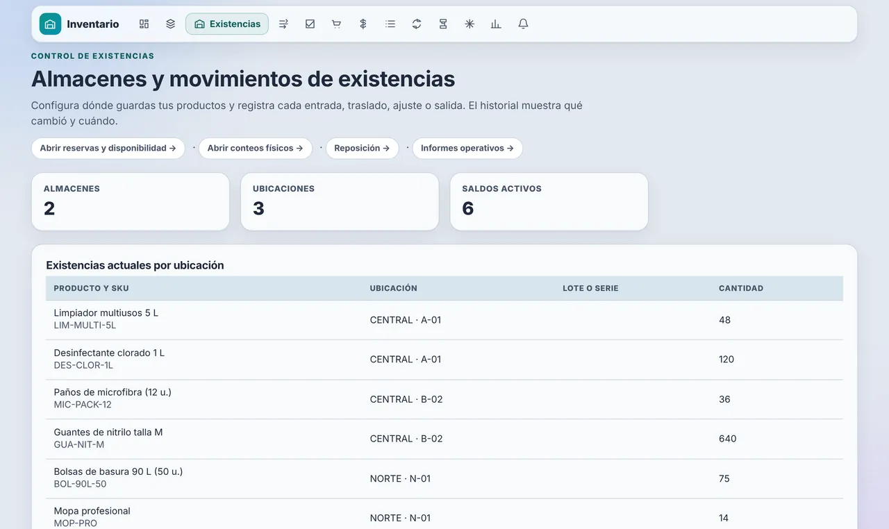 Pantalla de Inventario con datos de ejemplo